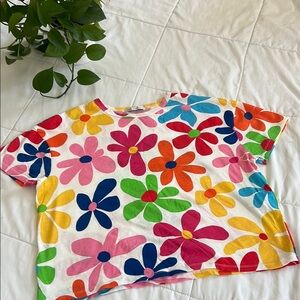 Zara White and Pink Floral Short Sleeve Tee